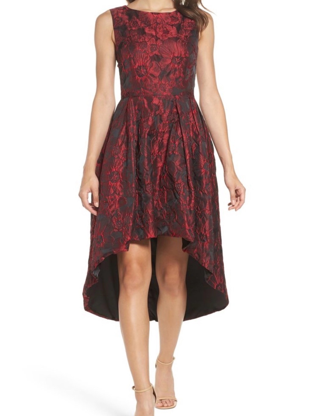 Forest Lily High-Low Floral Jacquard Dress Fit & Flare in Red and Black Size 6